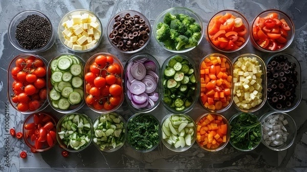 Fototapeta Assorted Fresh Vegetables and Ingredients in Bowls on Table generated with AI