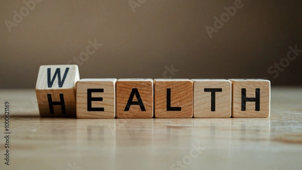 Obraz Health and Wealth Concept with Wooden Blocks