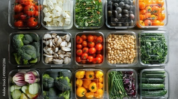 Fototapeta Assorted Fresh Vegetables and Ingredients in Bowls on Table generated with AI
