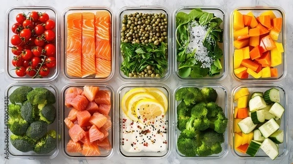 Fototapeta Assorted Fresh Vegetables and Ingredients in Bowls on Table generated with AI