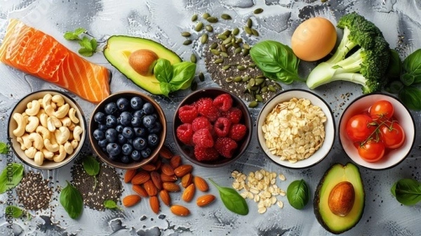 Fototapeta Healthy assorted food with salmon, fruits, nuts, and vegetables generated with AI