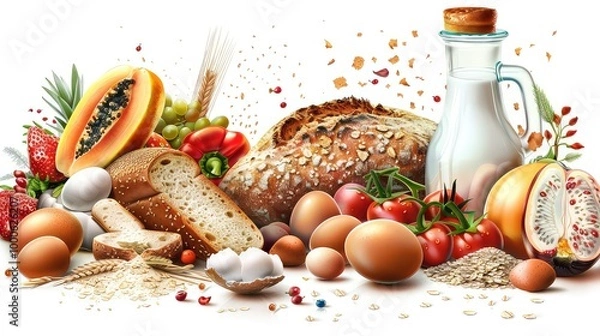 Fototapeta Variety of Fresh Foods Including Bread, Meat, and Dairy generated with AI