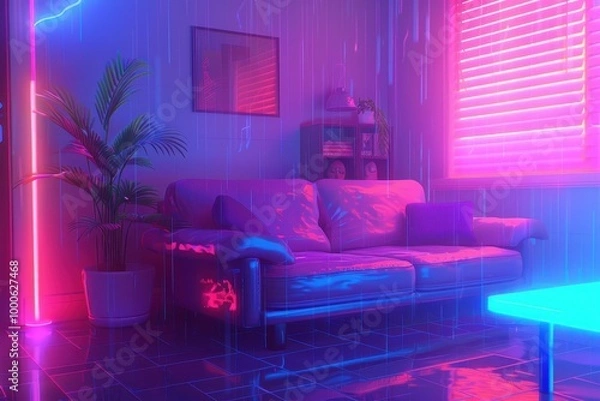 Obraz Cozy Lo-Fi Living Room Stream Overlay, animated virtual background featuring a rainstorm, vibrant cyan and purple hues, perfect for vtuber or gaming settings, anime chill hip hop vibe