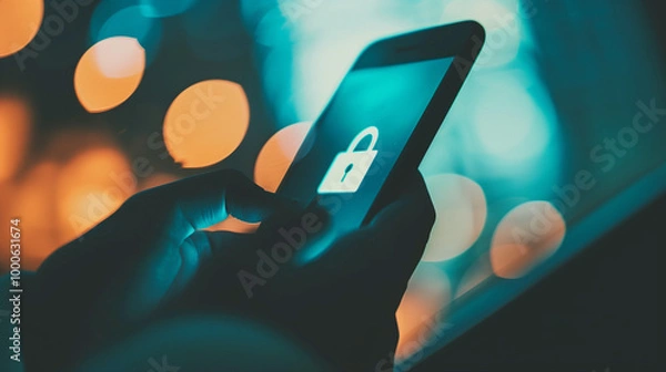Obraz Close-up of smartphone screen with privacy lock icon and hand partially covering it, highlighting the significance of phone security and personal data protection.