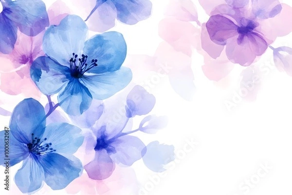 Fototapeta Abstract watercolor background with blue and purple flowers, vector illustration on a white background. Pastel colors, 