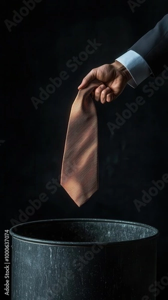 Fototapeta Worker throwing a tie into a trash bin, symbolizing the end of corporate life, dramatic shadows, Rejection of old career, embracing change