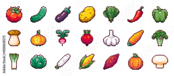 Obraz Set of Pixel Art Vegetables. Game assets, stickers or 8bit icons of tomato, cucumber, eggplant, potato, pepper, mushroom, onion, radish, garlic and other sweet and hot spicy retro pixelated vegetables