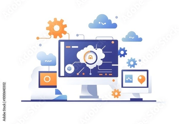 Obraz Illustration of an AI software platform with computers, gears, and clouds on a white background.