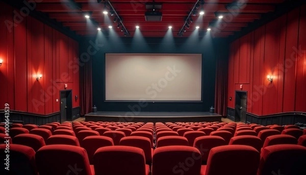 Obraz Empty red-seated movie theater with bright lights shining on the large screen. The classic cinema interior is ready for an audience to experience the next film screening.