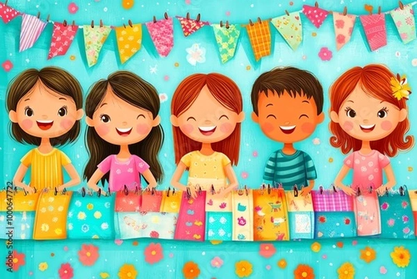 Fototapeta Five smiling children stand in front of a row of colorful bunting flags.