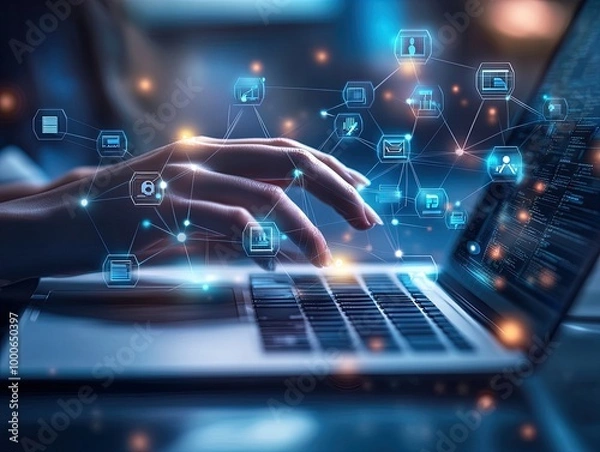 Fototapeta Transform Your Workspace: Ethereal Close-Up of a Hand on Laptop with User Icons - Perfect Poster for Modern High-Tech Interior Design