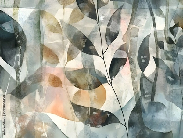 Fototapeta Watercolor, abstract foliage, organic shapes and lines, muted colors.