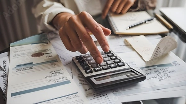 Obraz  accountant working on desk using calculator for calculate finance report in office 