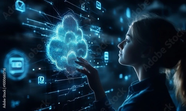 Fototapeta Executive Implementing Cloud-Based ERP System for Business Management Efficiency Through a Smart Interactive Interface, Generative AI