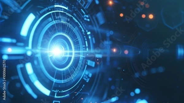 Obraz A mesmerizing blue-toned digital interface showcasing complex circular data visualizations. The design has a technological, sci-fi appeal, making it perfect for illustrating themes related to data
