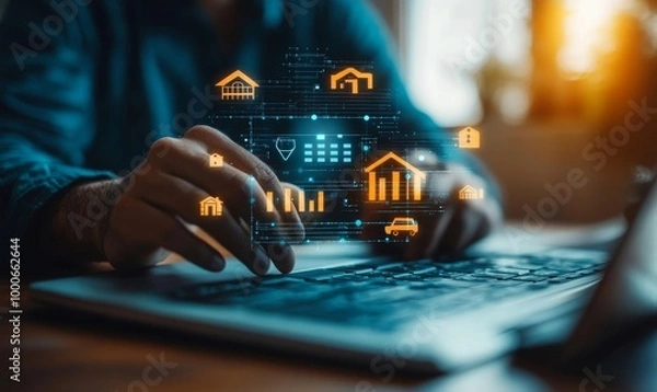 Obraz Financial Advisor Utilizing Interactive Digital Platform for Estate Planning with Icons for Wills, Trusts, and Property Management, Generative AI