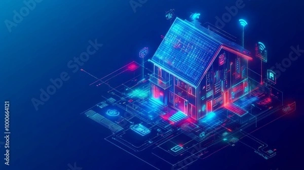Fototapeta Smart home technology conceptual banner. Building consists digits and connected with icons of domestic smart devices. illustration concept of System intelligent control house on blue background. IOT