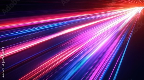 Fototapeta Speed motion of glow smooth light lines. Neon road effect on night background. 