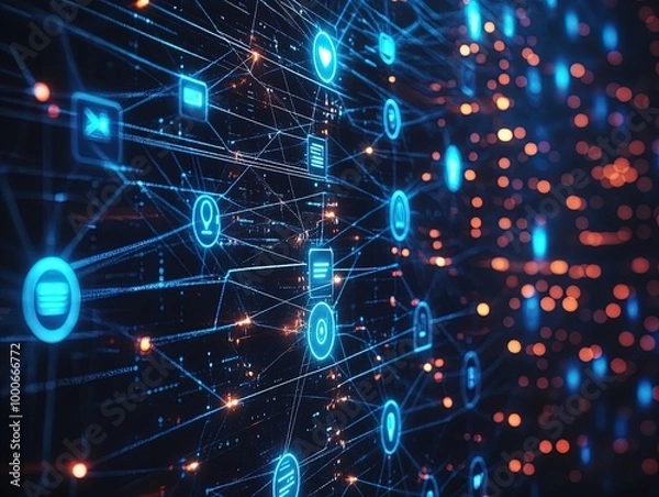 Fototapeta Digital Network Visualization Poster: Vibrant Blue Avatars and Messaging Icons in a Dark Server Environment - Perfect for Enhancing Your Space with Themes of Connection and Communication