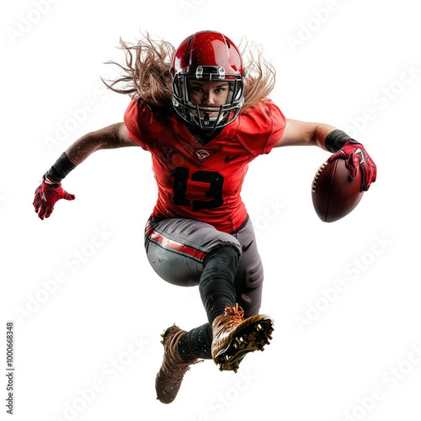 Fototapeta Female American football player in action with red uniform and helmet, running and holding a football on white background.