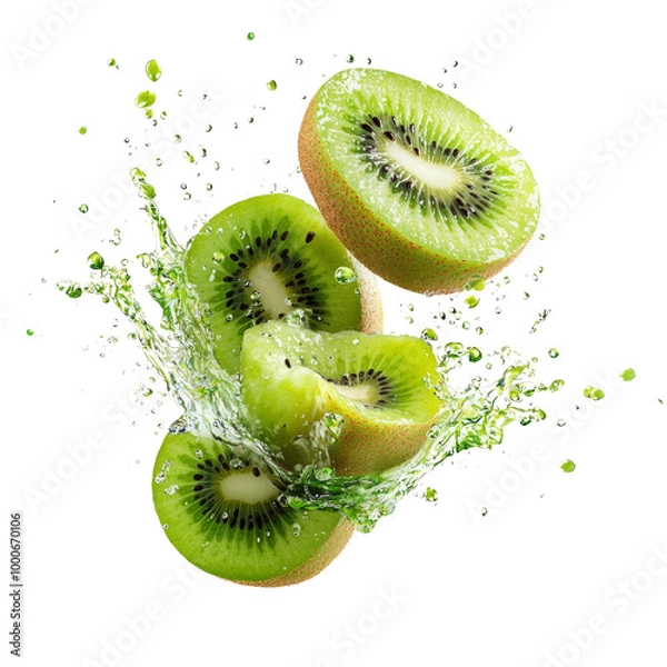 Fototapeta Fresh kiwi slices with a splash of water, showcasing vibrant green colors and juicy texture, perfect for a refreshing fruit concept.