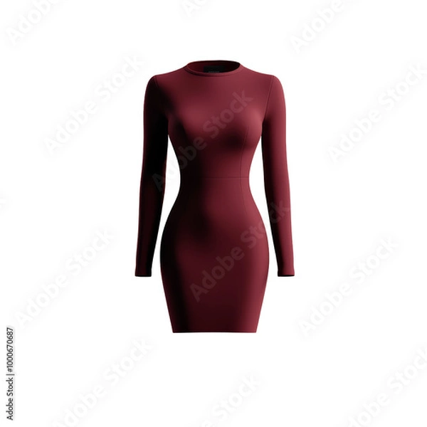 Fototapeta Elegant maroon bodycon dress with long sleeves and a high neckline, perfect for formal occasions or evening wear.