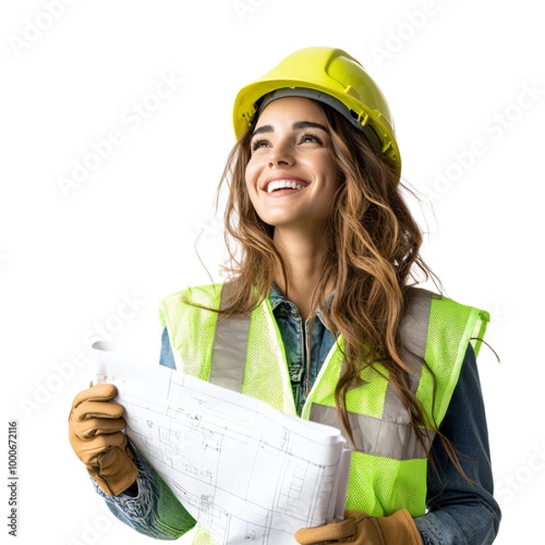 Fototapeta Smiling female construction worker in safety gear holding blueprints, looking confident and optimistic at a construction site.
