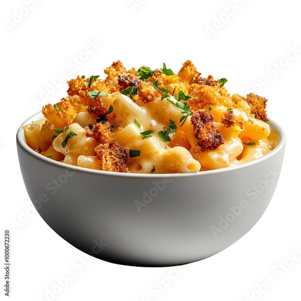 Fototapeta Delicious bowl of creamy mac and cheese with crispy baked breadcrumbs, garnished with fresh herbs. Comfort food at its finest.
