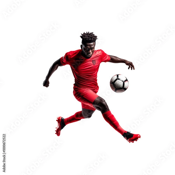 Fototapeta Dynamic soccer player in red uniform kicking a soccer ball against a white background, showcasing athleticism and intense focus.