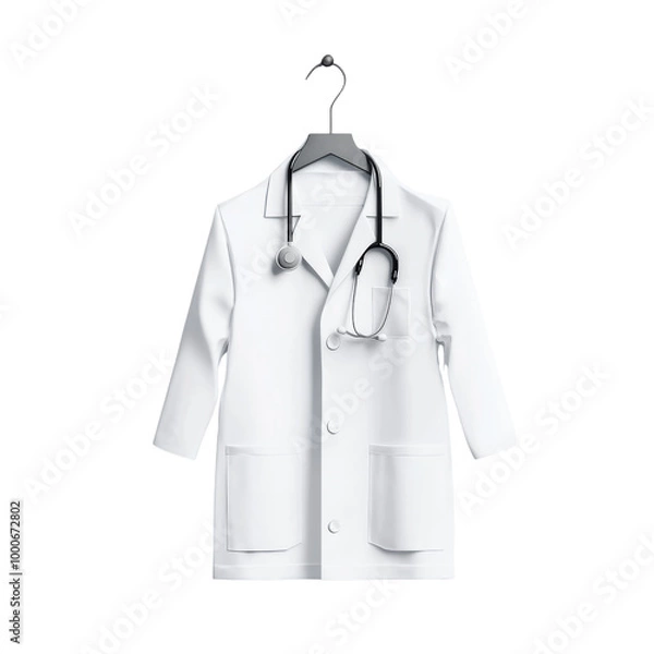 Fototapeta White medical doctor lab coat with stethoscope hanging on black hanger isolated on white background. Profession, healthcare, attire.