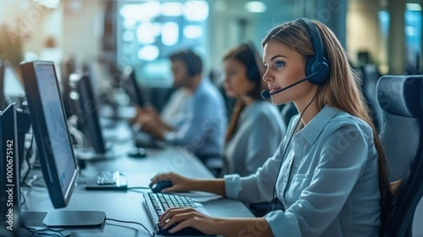 Obraz A customer service agent working in a call center, wearing a headset and typing on a computer, surrounded by other agents.