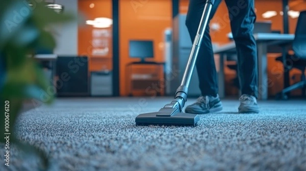 Obraz A professional cleaner vacuuming the carpets in a modern office space, with desks and computers in the background.