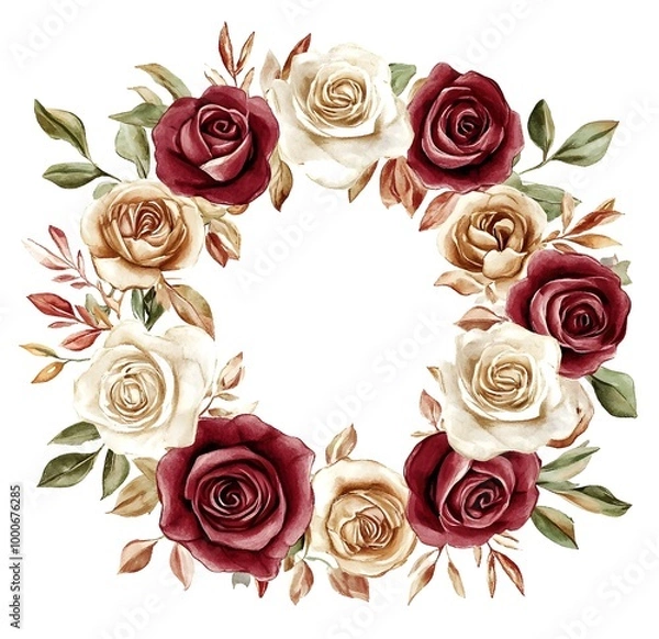 Fototapeta Watercolor floral wreath with burgundy and cream roses, clipart on a white background with defined edges.