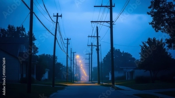Fototapeta A row of electric poles running along a quiet suburban street at dusk, illuminated by the soft glow of streetlights.