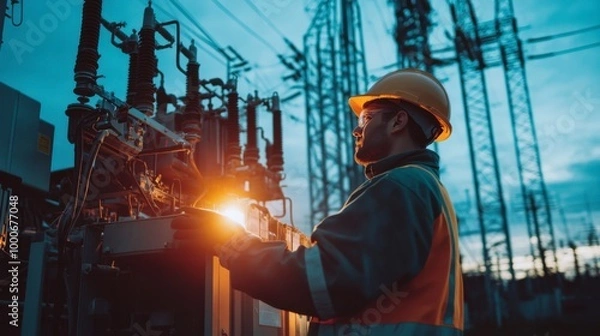 Obraz An electrician inspecting high-voltage transformers at a power substation.