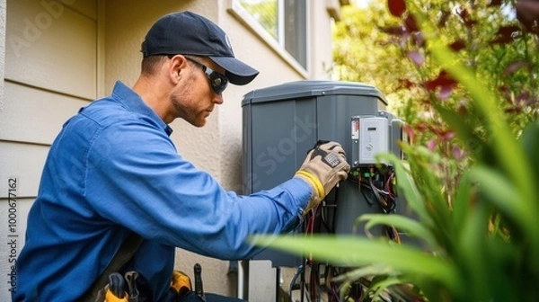 Fototapeta An electrician installing a backup generator system in a residential home.