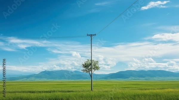 Obraz Electric pole standing in a wide green meadow, with a solitary tree and distant mountains under a bright blue sky.