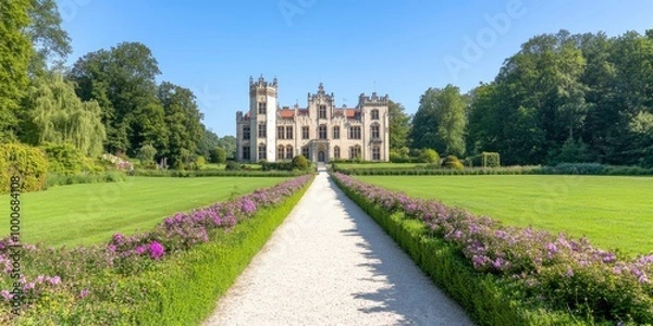 Obraz castle with garden, field and pathway on bright sunny day