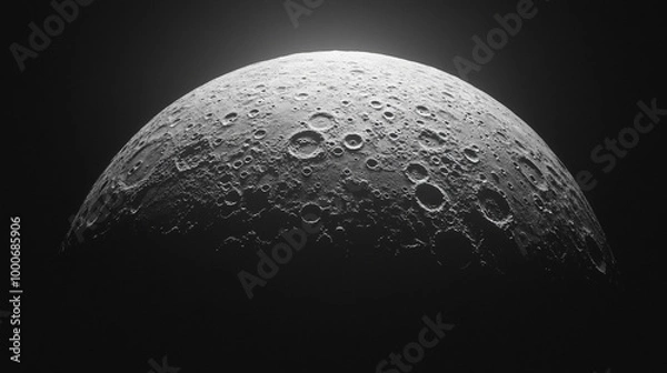 Fototapeta moon's surface, showcasing craters and rugged terrain in shades of gray. The image captures the moon's ancient, cratered landscape, evoking themes of mystery, time, and space exploration