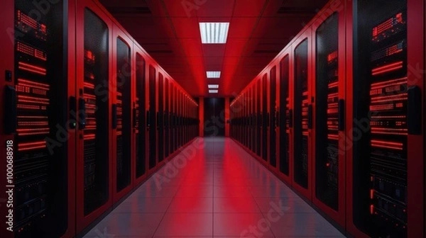 Fototapeta Futuristic server room with red lighting and sleek black server racks.