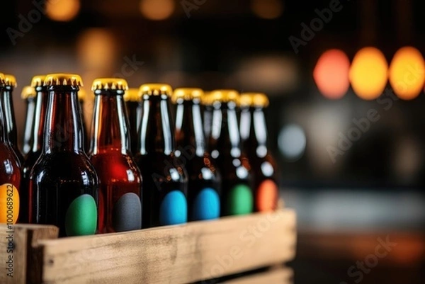 Obraz A vibrant collection of craft beer bottles arranged in a wooden crate, showcasing colorful labels against a warm, inviting background.