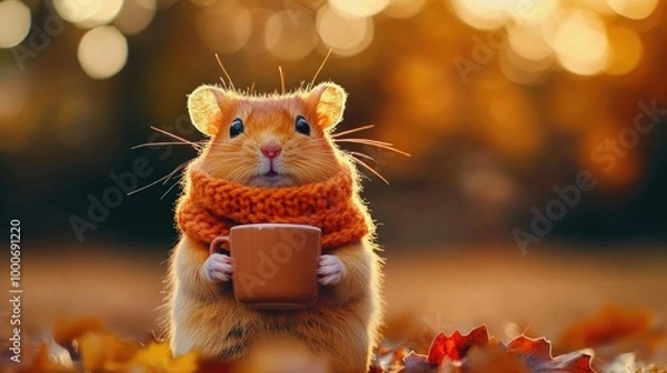 Obraz A cute hamster wearing a cozy scarf, holding a cup, surrounded by autumn leaves and warm bokeh lights. Perfect for fall themes.