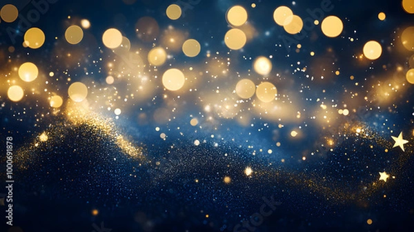Fototapeta Abstract background with gold stars, particles and sparkling on navy blue. Christmas Golden light shine particles bokeh on navy blue background. 2024 New year background. Gold foil texture.
