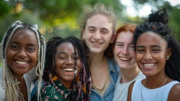 Obraz A friendly group of young women from different races, all standing closely and smiling warmly