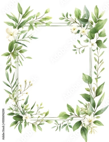 Fototapeta Watercolor square frame with a white background, light green leaves and flowers around the edges,