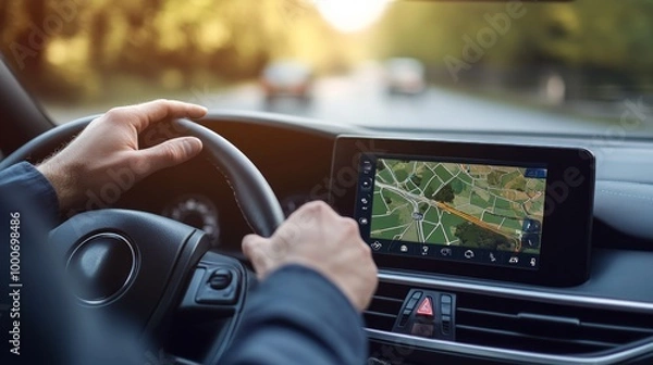 Fototapeta transport, destination, modern technology and people concept - male hand searching for route using navigation system on car dashboard screen