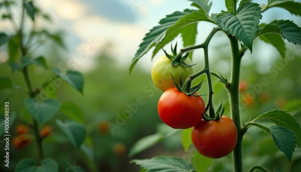 Fototapeta Three ripe tomatoes are hanging from a plant