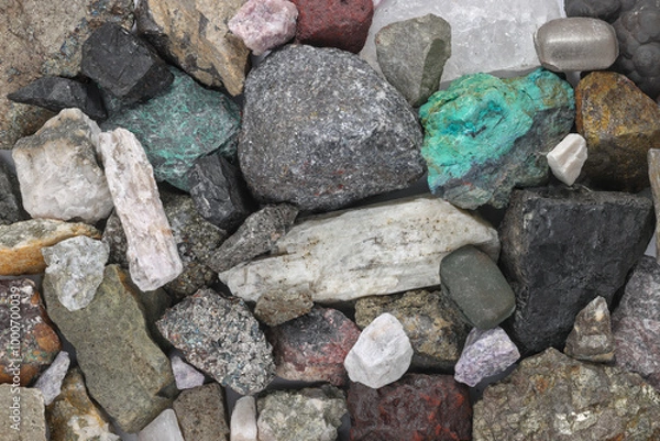 Fototapeta Mixture, variety of critical minerals, raw materials. Required for modern technology, such as solar panels, semiconductors, wind turbines, batteries, transportation. Mine, mining, background concept.