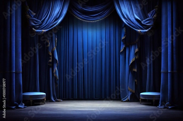 Fototapeta Empty stage with blue color curtains and spotlights