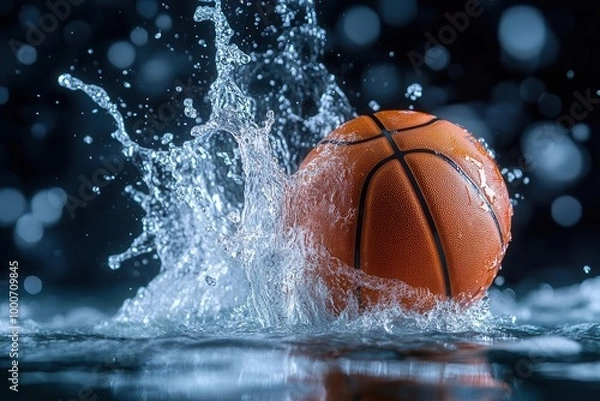Fototapeta Basketball splashing in water with dynamic motion effects.